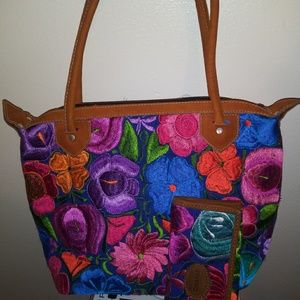 Embroidered suede handbag with wallet
